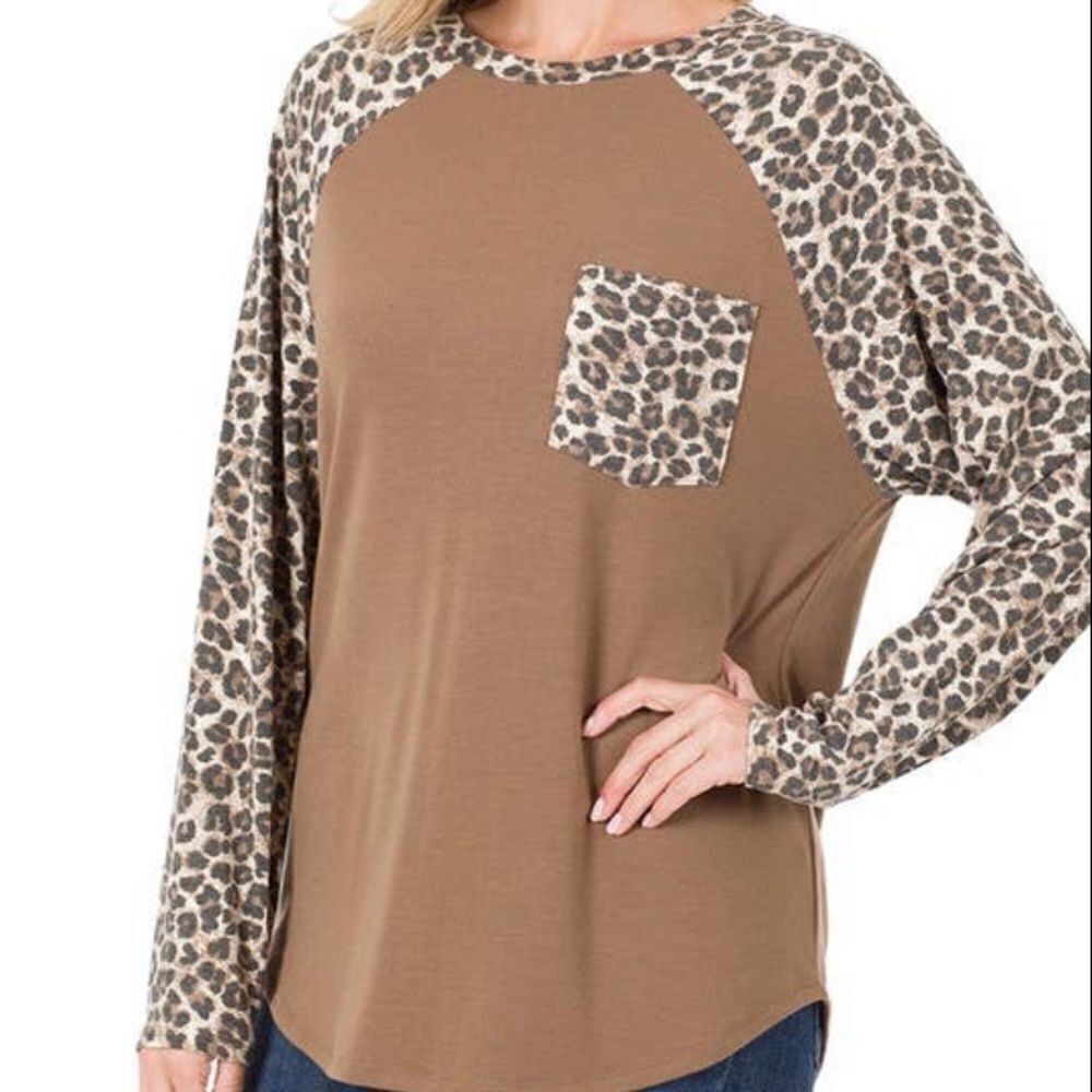 Camel colored long sleeve, T-shirt with leopard trim
